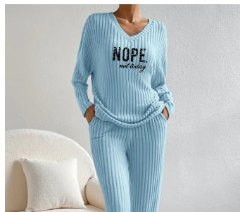 Effortless 'Nope, Not Today' V-Neck Knitting Suit: Stylish Straight Pants with Sunken Stripe Design