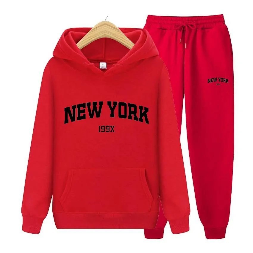 Stylish New York Letter Pullover & Sweatpants Set: Cozy Couple's Hoodie Sportswear for Men & Women