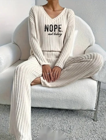 Effortless 'Nope, Not Today' V-Neck Knitting Suit: Stylish Straight Pants with Sunken Stripe Design