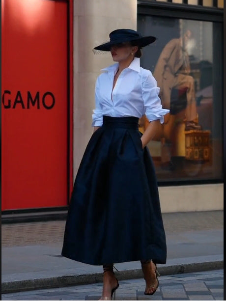 Luxurious Solid Color Long-Sleeved Shirt & High-Waisted Skirt Suit for Effortless Elegance