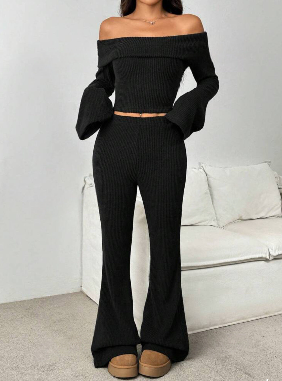 Off-neck Skinny Long-sleeved Trousers Knitting Suit