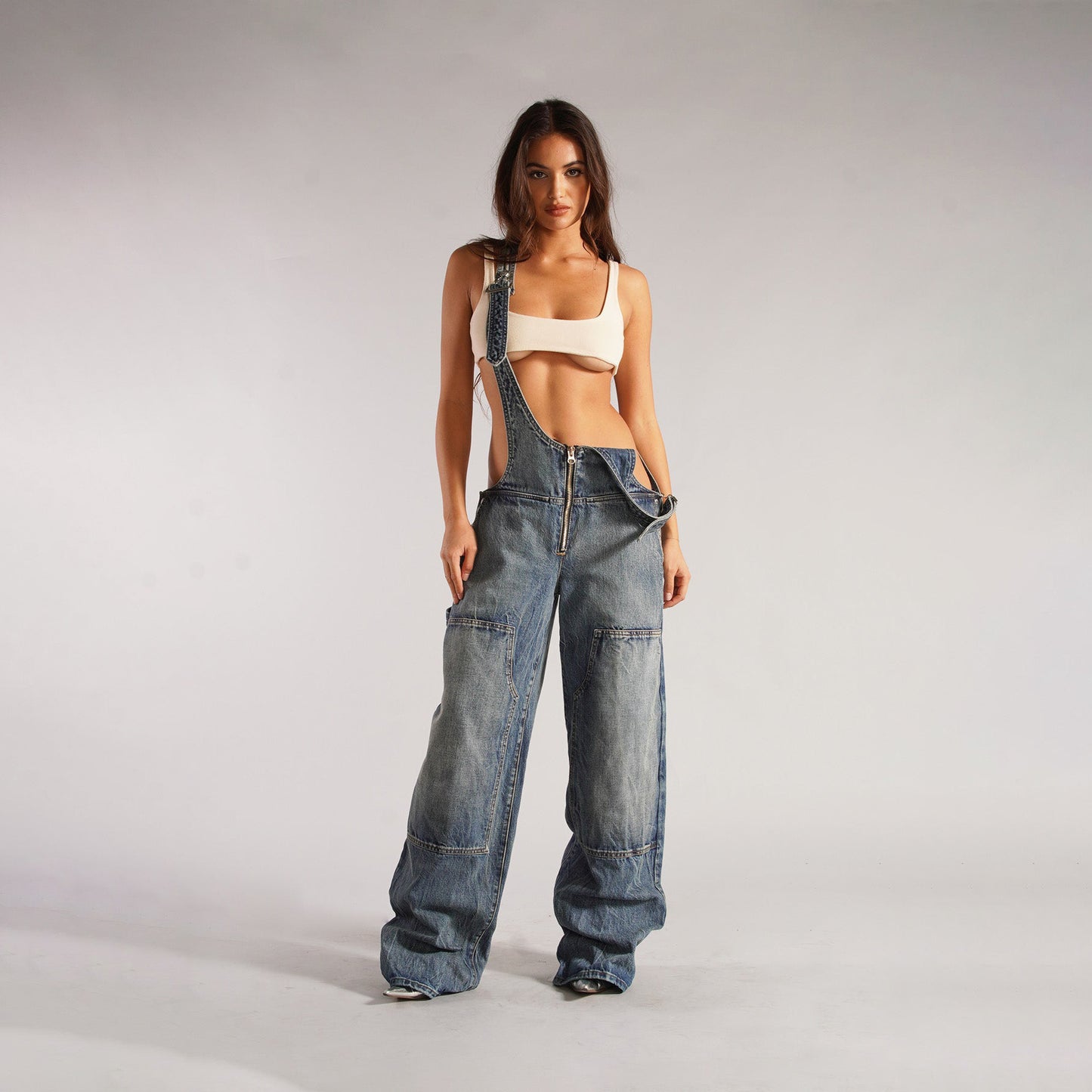 Y2K Zipper Denim Overalls With Pockets Fashion Loose Suspender Jumpsuit Jeans Pants Womens Clothing