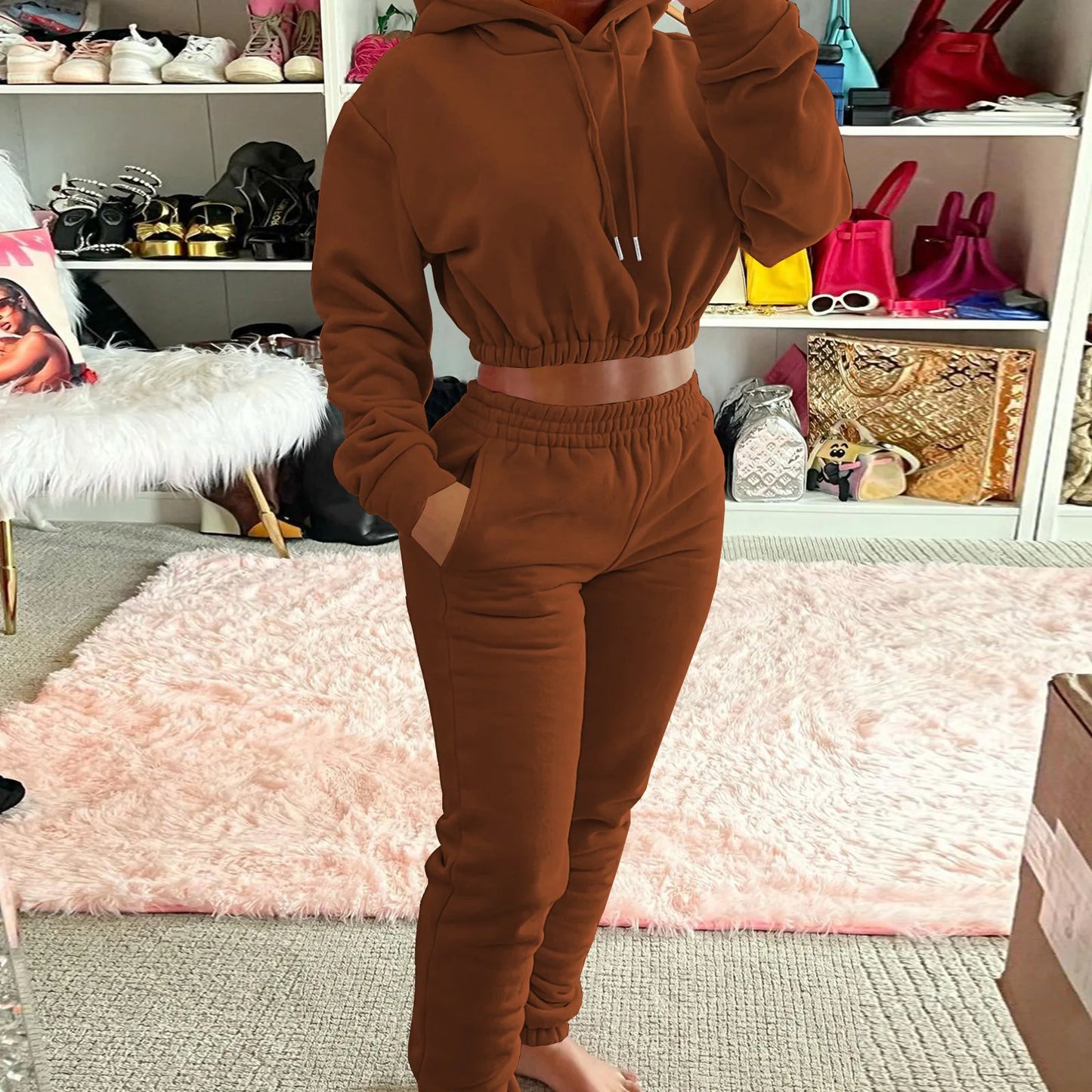 Women 2 Piece Outfits Fleece Sweatsuit Fall Tracksuit Pullover Crop Hoodie Jogger Pants Lounge Set Casual Sports Workout Outfits