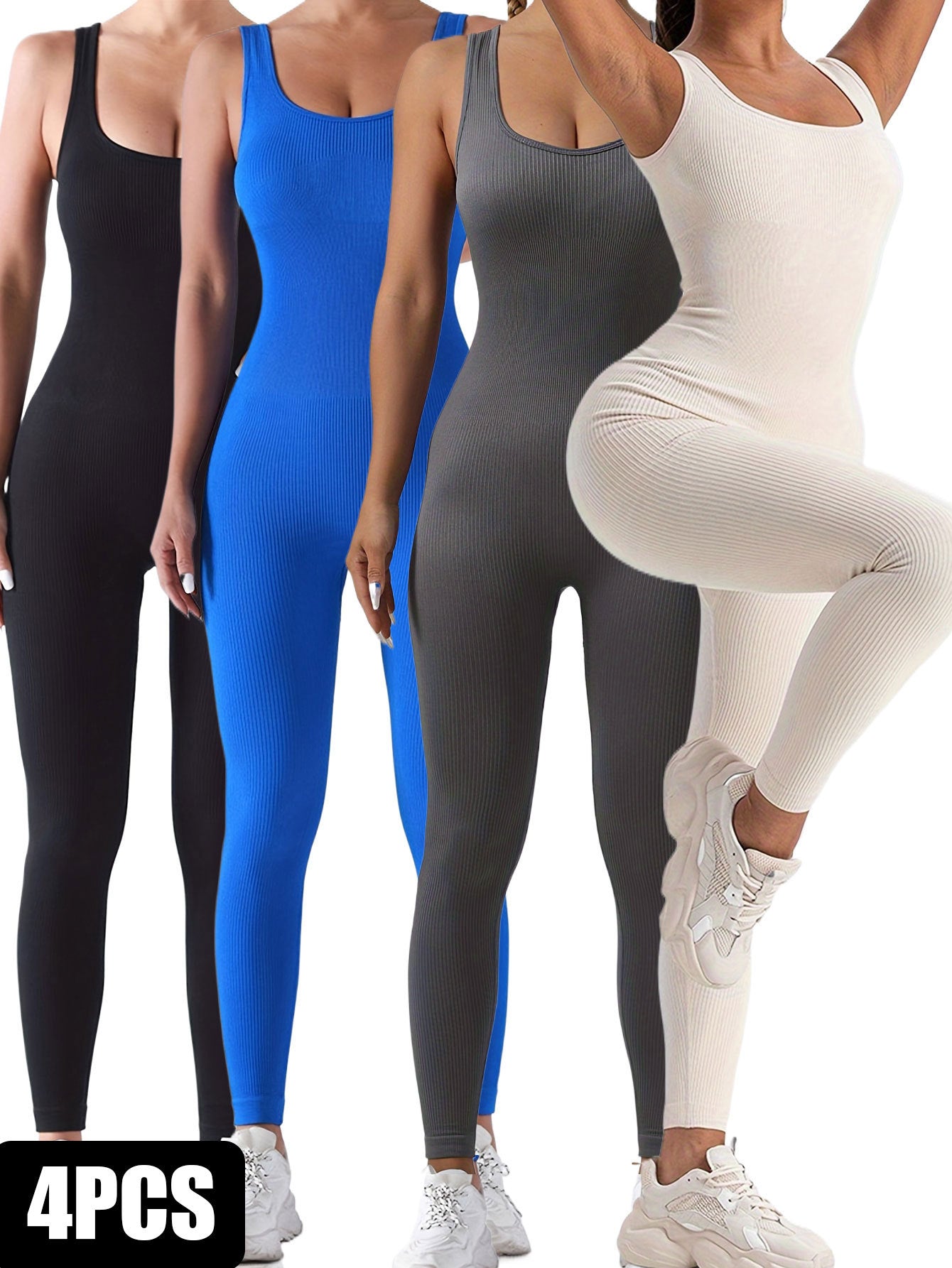 Elegant 4-Pack Women's Ribbed Solid Color One-Piece Jumpsuits: Form-Fitting Sensual Activewear with Classic Sleeveless Full-Length Pants for Sport and Casual Wear