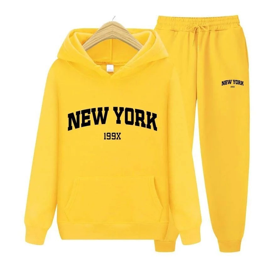 Stylish New York Letter Pullover & Sweatpants Set: Cozy Couple's Hoodie Sportswear for Men & Women