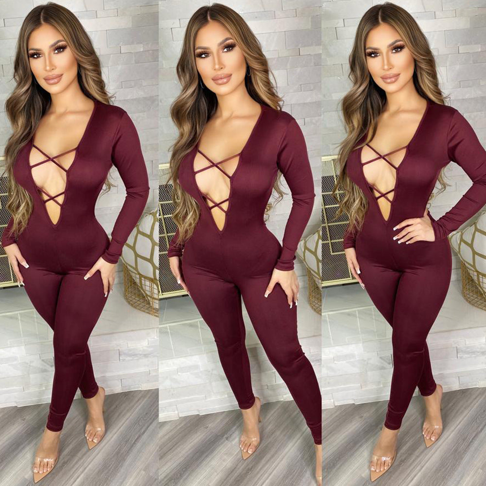 Women's Fashion Skinny Hollow Long Sleeve Jumpsuit