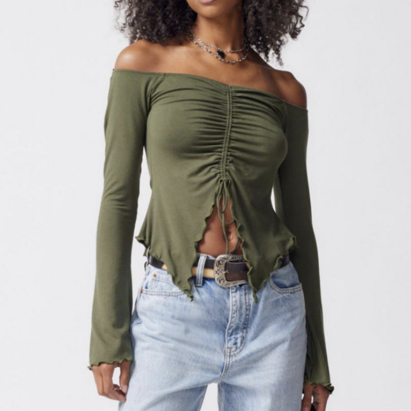 Elegant Two-Wear Off-the-Shoulder Long Sleeve Top with Wooden Ear Edge Horn Sleeves for a Sexy Look