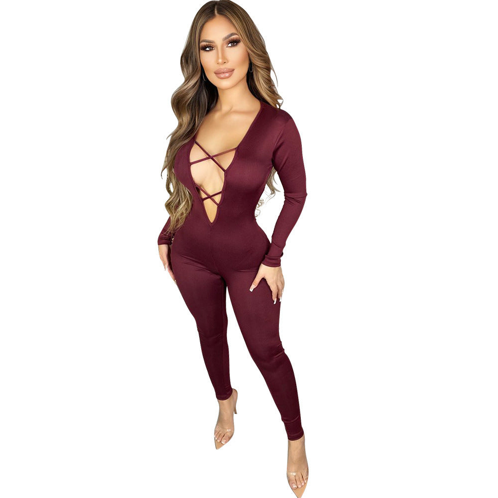 Women's Fashion Skinny Hollow Long Sleeve Jumpsuit