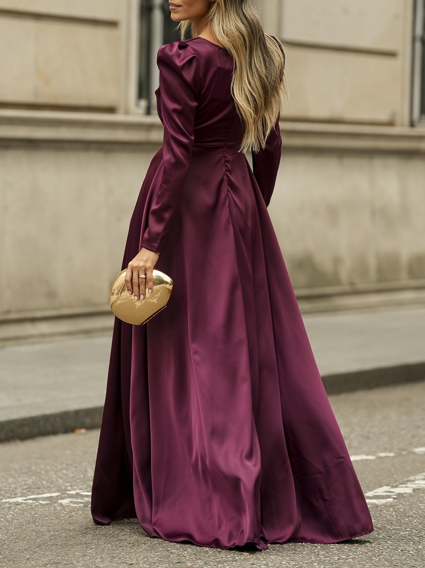 Puff Sleeve V-neck Slit Maxi Dress