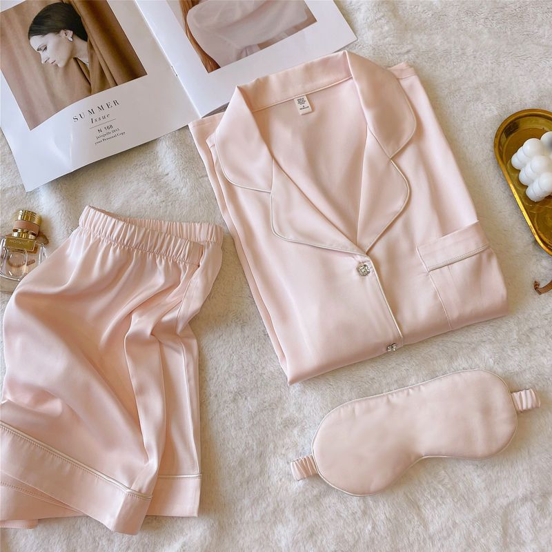 Luxurious Women's Ice Silk Pajama Set: Short Sleeve, Square Diamond Button, and Casual Comfort