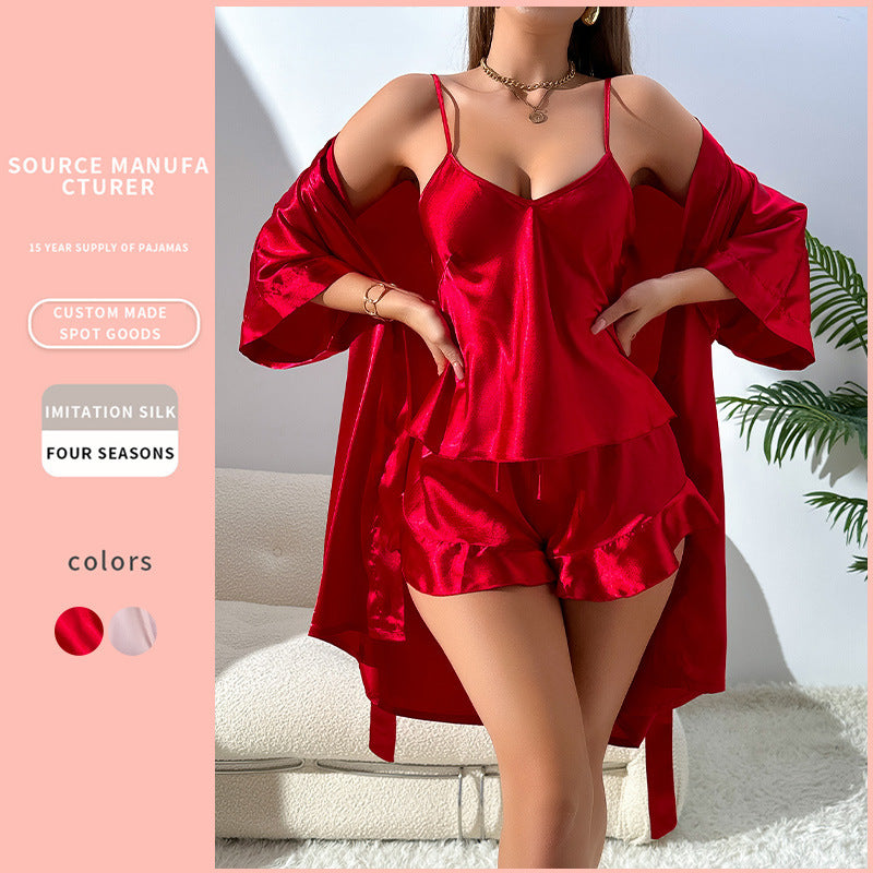 Luxurious Women's Imitation Silk Pajama Set: Elegant Suspender Shorts & Outer Robe