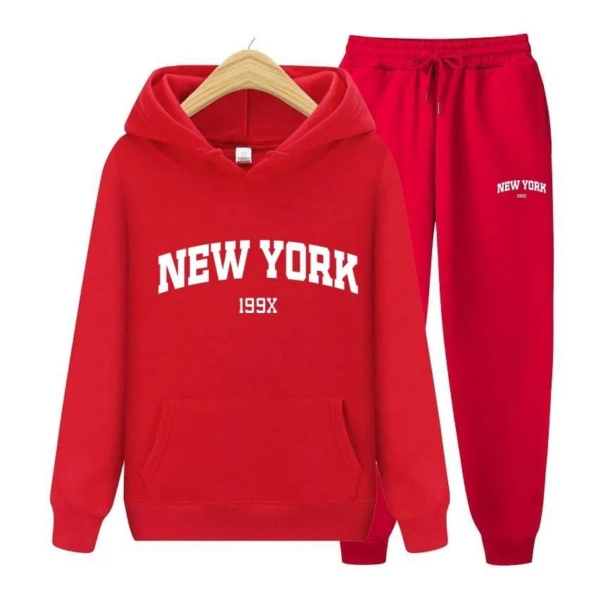 Stylish New York Letter Pullover & Sweatpants Set: Cozy Couple's Hoodie Sportswear for Men & Women