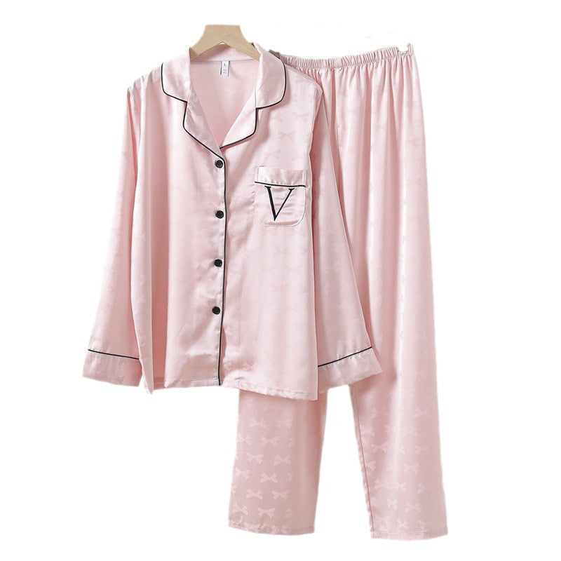 Enchanting Bow Jacquard Embroidery Sweet Ice Silk Pajamas for Ladies