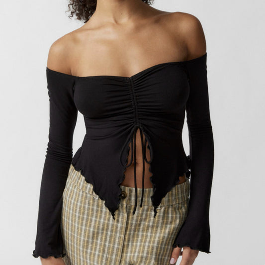 Elegant Two-Wear Off-the-Shoulder Long Sleeve Top with Wooden Ear Edge Horn Sleeves for a Sexy Look