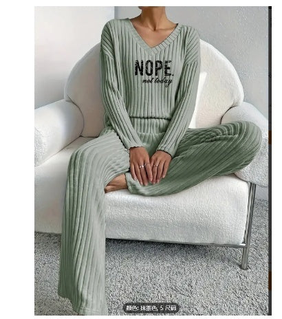 Effortless 'Nope, Not Today' V-Neck Knitting Suit: Stylish Straight Pants with Sunken Stripe Design