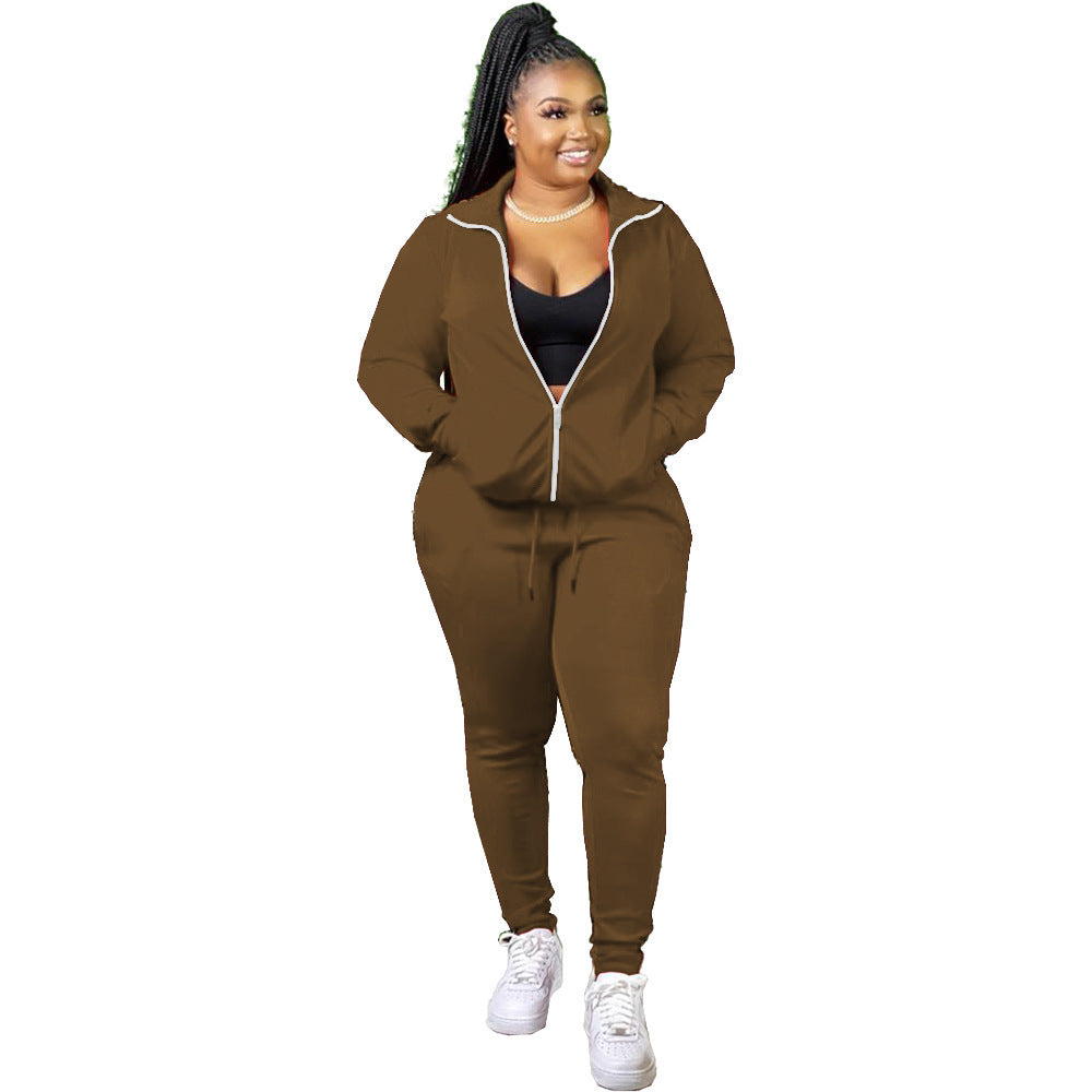 Solid Color Zipper Pocket Long Sleeve Coat Trousers Sports Two-piece Set