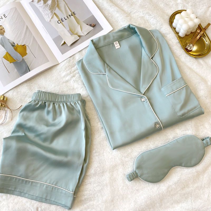 Luxurious Women's Ice Silk Pajama Set: Short Sleeve, Square Diamond Button, and Casual Comfort