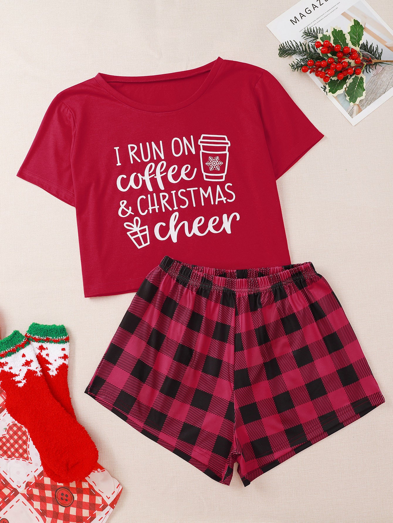 Letter Print Short Sleeve T Shirt Plaid Shorts Christmas Women Pajama Sets