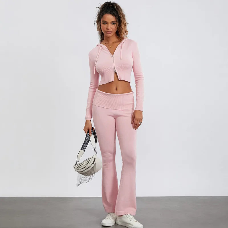 Sultry Knit Ensemble: Zip-Up Cropped Hoodie & Bootcut Pants Set