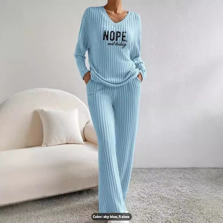 Effortless 'Nope, Not Today' V-Neck Knitting Suit: Stylish Straight Pants with Sunken Stripe Design