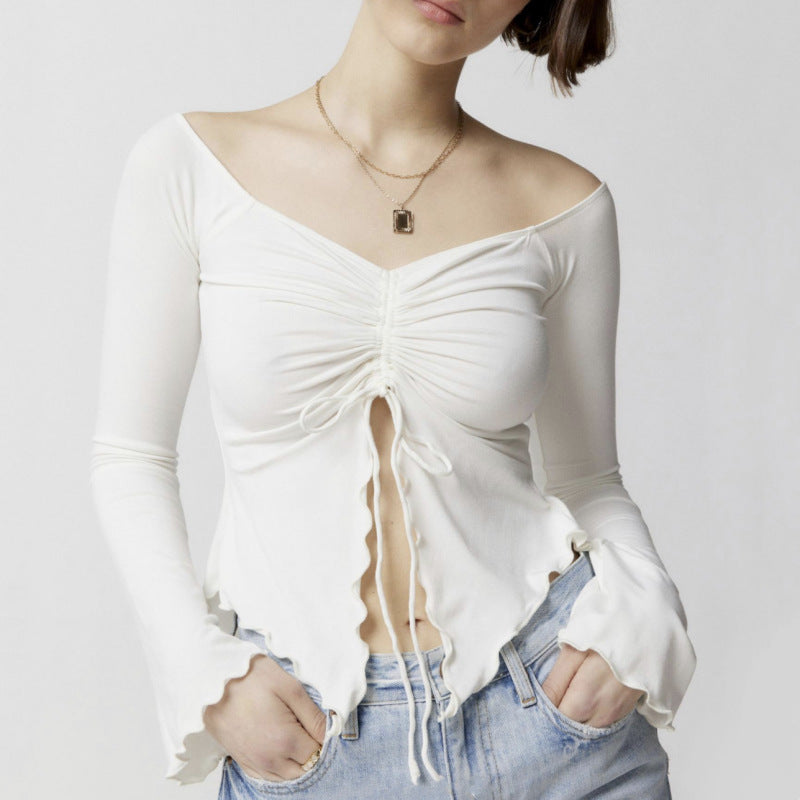 Elegant Two-Wear Off-the-Shoulder Long Sleeve Top with Wooden Ear Edge Horn Sleeves for a Sexy Look