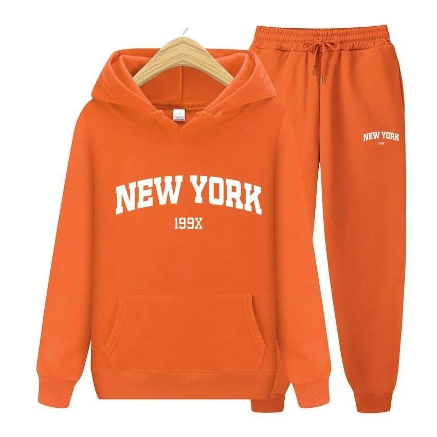 Stylish New York Letter Pullover & Sweatpants Set: Cozy Couple's Hoodie Sportswear for Men & Women