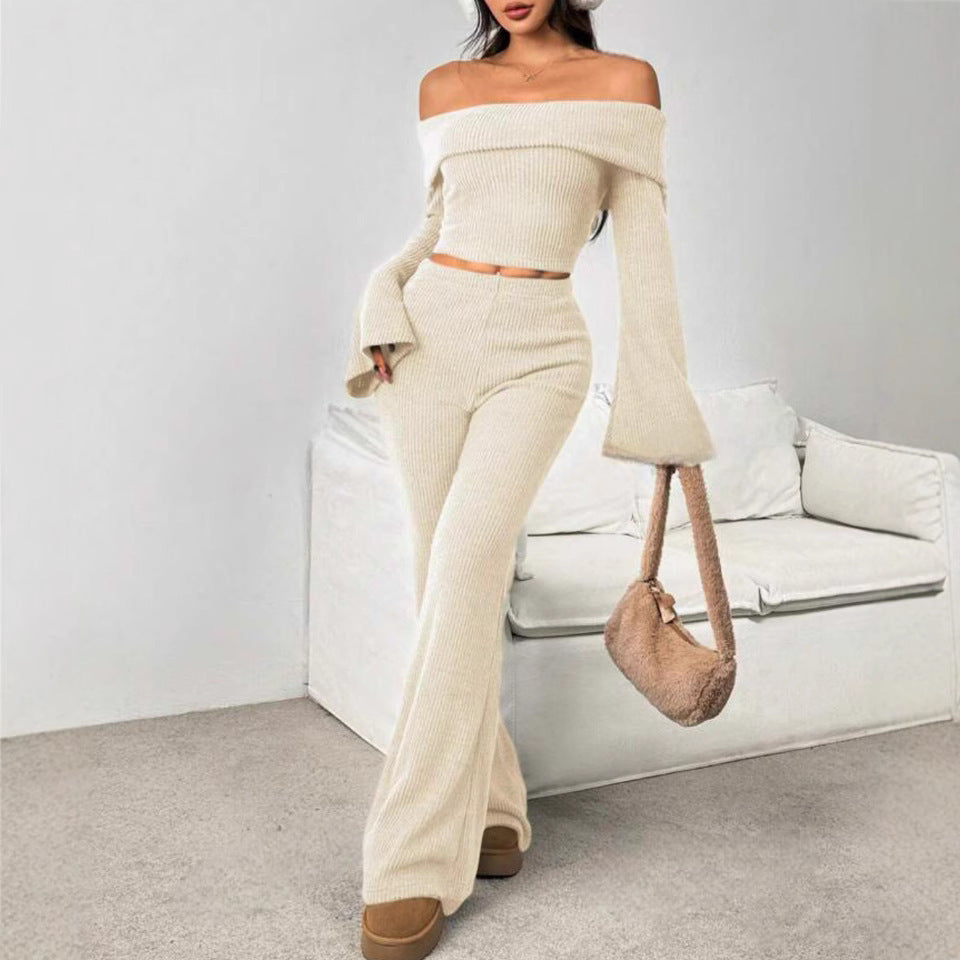 Off-neck Skinny Long-sleeved Trousers Knitting Suit