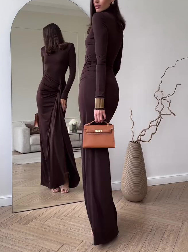 Solid Color Long Sleeve Slit Maxi Dress