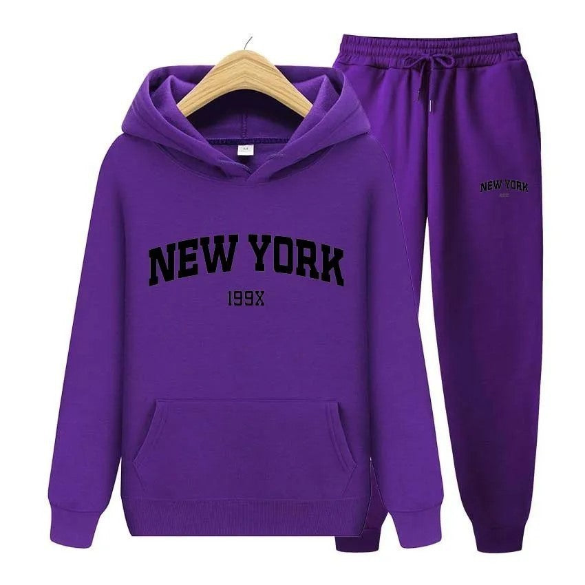 Stylish New York Letter Pullover & Sweatpants Set: Cozy Couple's Hoodie Sportswear for Men & Women