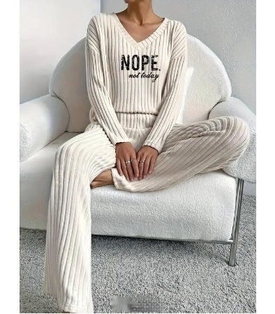 Effortless 'Nope, Not Today' V-Neck Knitting Suit: Stylish Straight Pants with Sunken Stripe Design