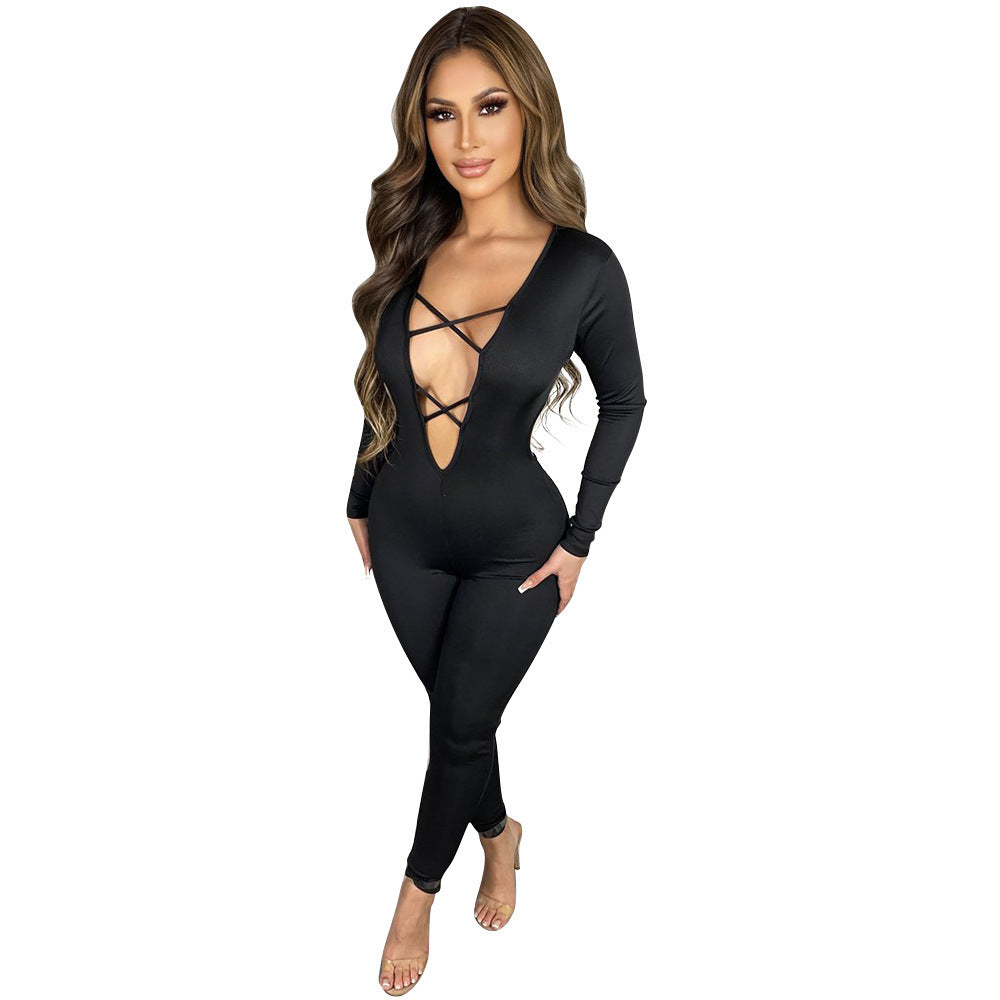 Women's Fashion Skinny Hollow Long Sleeve Jumpsuit